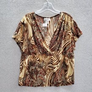 VINTAGE Carducci Women Top 2x Brown Paisley Faux Wrap Blouse Short Sleeve V Neck